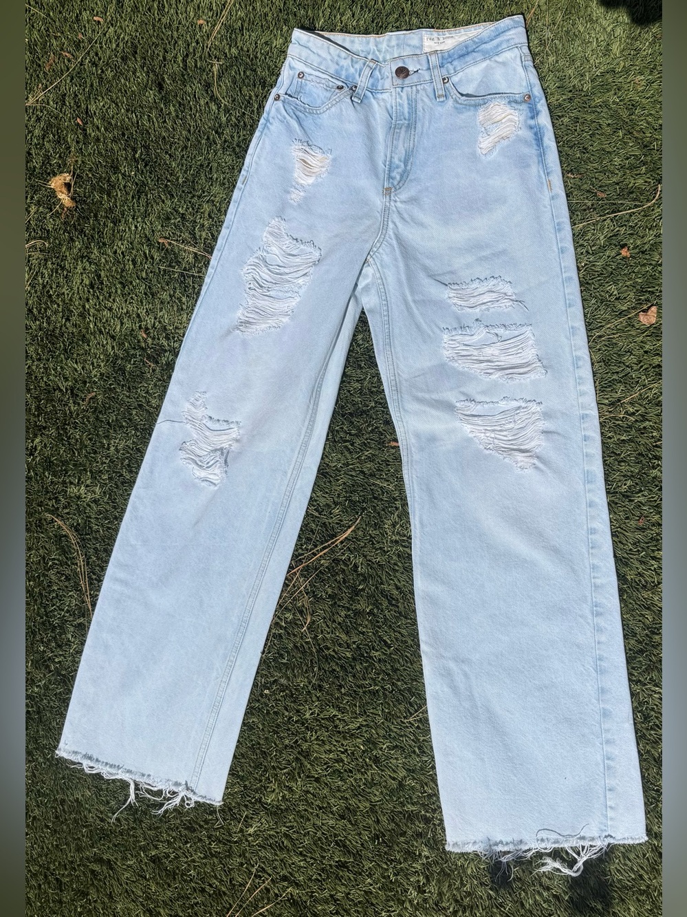 rag & bone Light Blue Distressed Wide-Leg Jeans